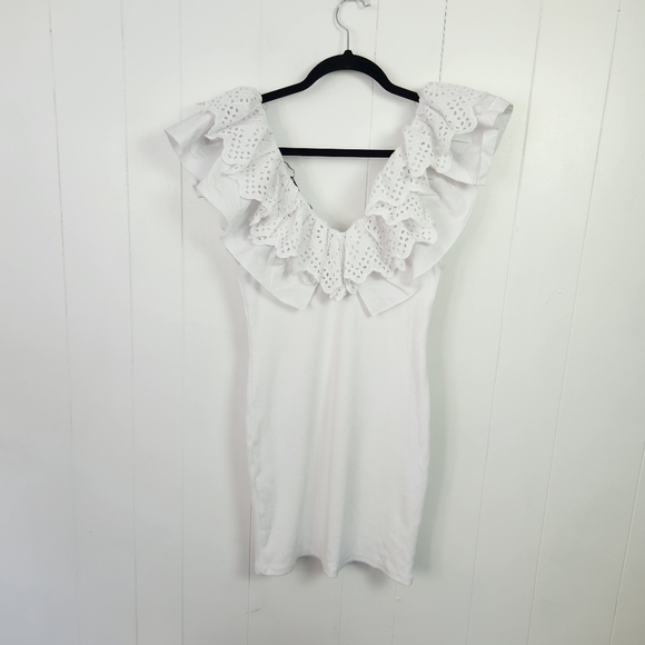 Zara White Eyelet Lace Ruffle Ribbed Mini Dress New Bodycon Size Medium Coquette - Picture 12 of 15